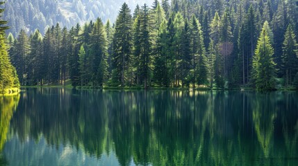 Tranquil Pine Forest Lake Reflection - Serenity in Nature's Beauty