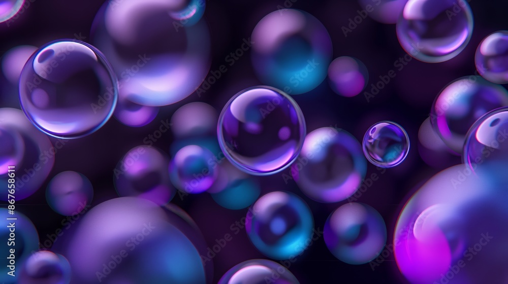 Poster a bunch of purple bubbles floating in the air. the bubbles are of different sizes and are scattered 