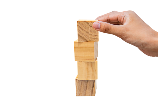 Place the wooden blocks in layers. Goal advancement concept, business concept for successful growth process. PNG