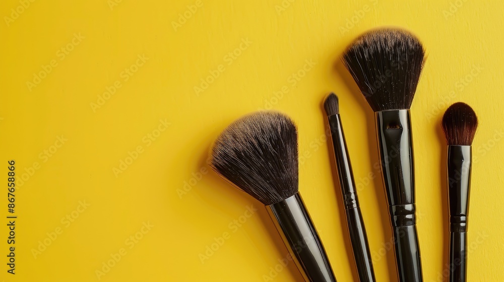 Wall mural Makeup brushes on yellow backdrop with cosmetic products