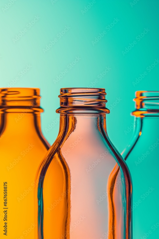Poster three bottles of different colors are shown with their lids off. the bottles are placed next to each