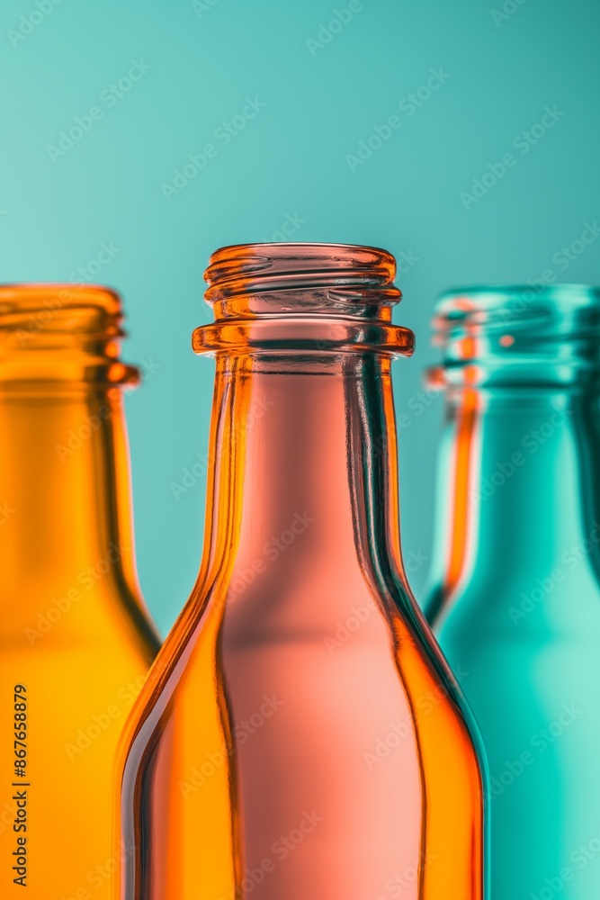Poster three bottles of different colors are shown with their lids off. the bottles are arranged in a row, 