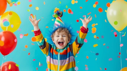 Fototapeta premium A young boy is wearing a colorful striped shirt and a blue hat, and is surrounded by a bunch of balloons. He is jumping up and down and smiling, creating a joyful and festive atmosphere