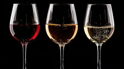 Closeup of three glass, of red, rose and white wine