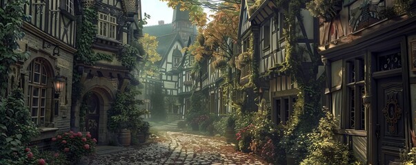 Fototapeta premium A quaint village scene with cobblestone streets and half-timbered houses.