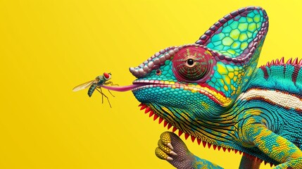 Obraz premium A colorful chameleon is eating a bug. The image has a playful and whimsical mood, as the chameleon is depicted as a friendly and curious character