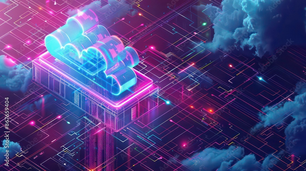Poster cloud storage for downloading an isometric. a digital service or application with data transmission.