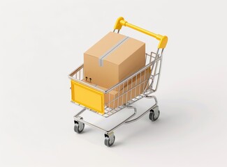 shopping cart with a cardboard box in an isometric view against a white background with a yellow color palette
