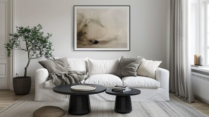 Modern Minimalist Living Room with Elegant White Sofa and Abstract Wall Art