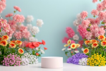 Fototapeta premium A beautiful floral arch with a variety of pink, white, and peach flowers adorning a white circular podium.