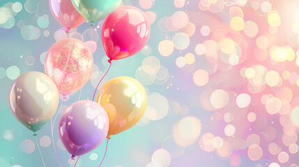 Colorful balloons flying on soft background with bokeh lights