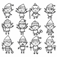 Black and white cartoon elves with various hats. Simple and playful design ideal for coloring pages and crafts.