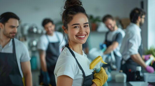 Professional cleaner girl and team working cleaning together in office or home, Young active people take care of room, company maintaining washing, dusting, mopping.