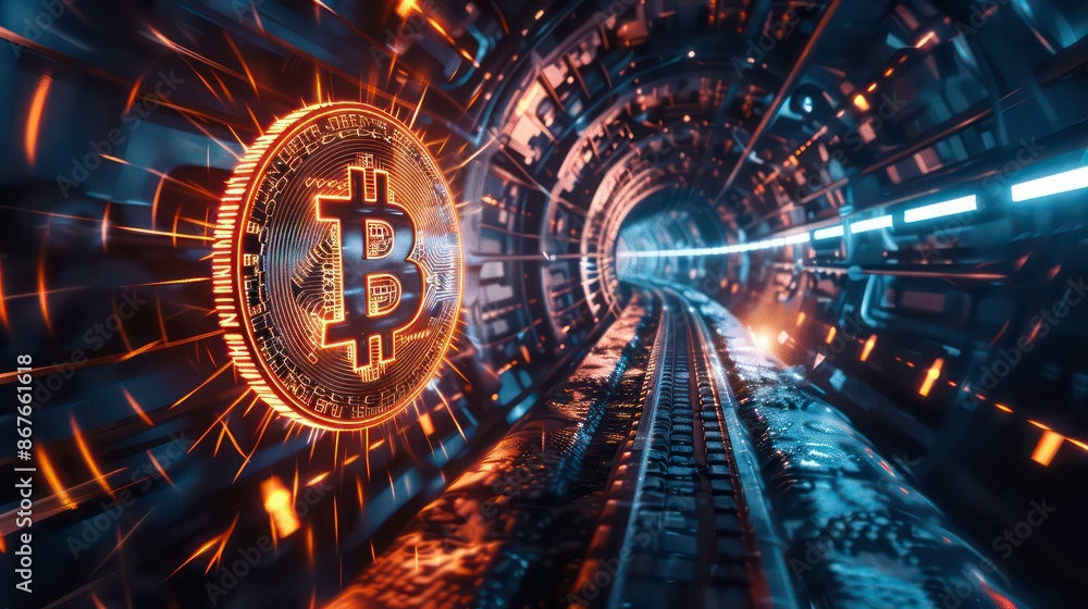 Poster conceptual image of a glowing coin symbol bursting with energy in a futuristic digital tunnel enviro