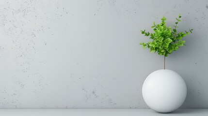 The design features a small green plant in a round white pot against a textured light gray background, exuding simplicity and elegance.