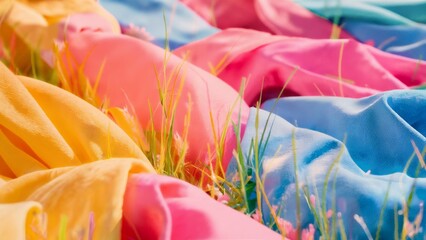 Colorful fabrics in soft summer hues of yellow, pink, and blue, and appear tobe gently blowing in a soft breeze.