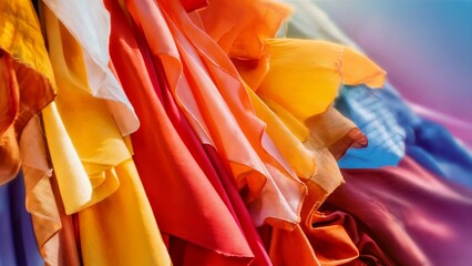 various fabrics, showcasing a summer-inspired palette. The fabrics, drapedand layered, appear to be gently blowing in a soft summer breeze. 
