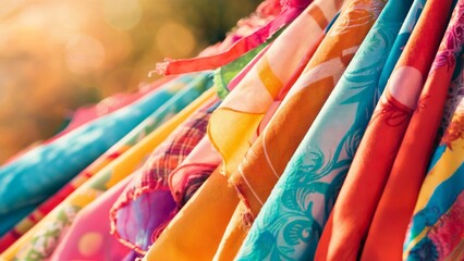 A vibrant, abstract close-up of colorful summer fabrics, fluttering gently in a soft summer breeze. The background is a blur of warm, golden sunlight, which adds to the overall summery ambience.