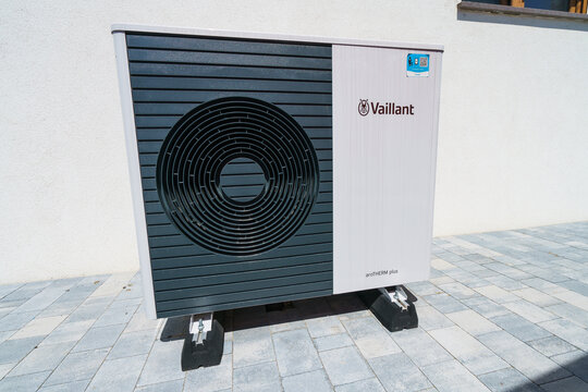 Gorzow Wlkp, Poland - 25.06.2024: Vaillant aroTHERM plus heat pump  installed on a new build house. Air-to-water monobloc heat pumps are to replace heating with oil and gas in the future