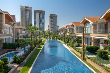 Fototapeta premium Luxury Residential Living: Outdoor Pool Amidst High-End Real Estate