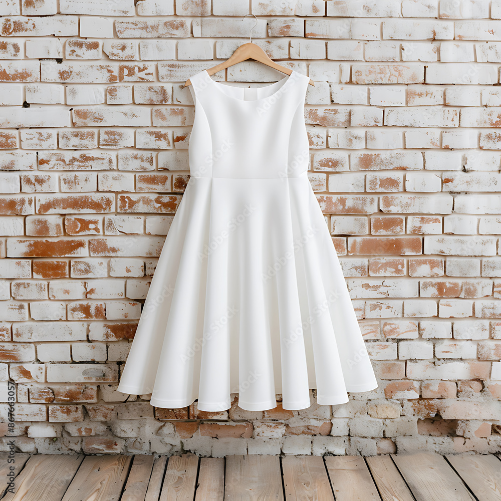 Wall mural A minimalist white dress hanging against a rustic brick wall.