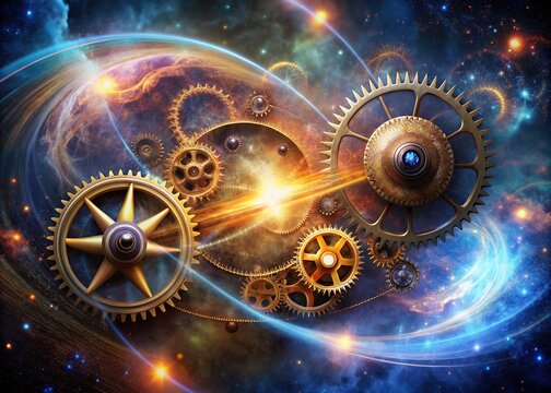 Ancient clockwork gears entwined with luminescent fibers, surrounded by swirling nebulae, orbiting a glowing portal where ancient artifacts merge with futuristic technology.