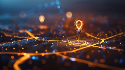 Digital hand set location on map with two pins. AI technology in GPs, innovation delivery, map location, future transport logistic, route path concept. GPs point. New office location, change address