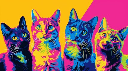 Colorful pop art illustration of cats on a vibrant background