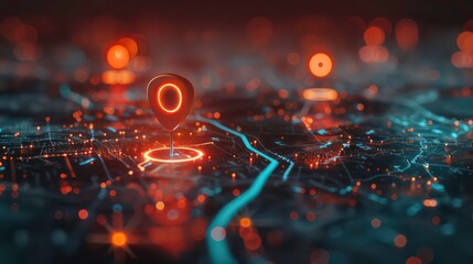 Digital hand set location on map with two pins. AI technology in GPs, innovation delivery, map location, future transport logistic, route path concept. GPs point. New office location, change address