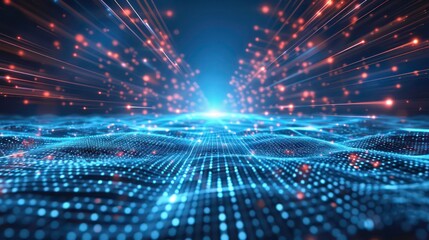 Digital network technology futuristic theme illustration concept. Abstract grid perspective graphic background. Generative AI