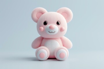 A cute 3D-rendered bear with a minimalistic design, featuring soft pink fur and a friendly expression, set against a pale blue background.