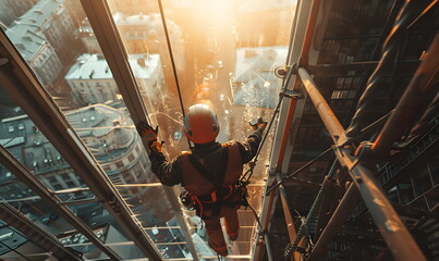 Window cleaner wearing seat belts at high altitude overlooking city skyline at sunset. A window washer suspended from a skyscraper overlooking the city skyline. Industrial climber at work at sunset.