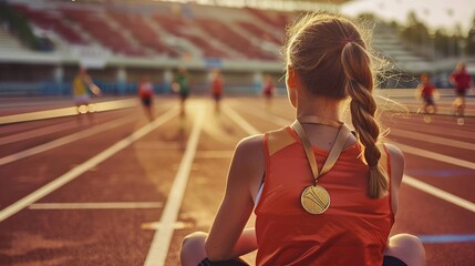 An athlete girl with a medal sitting on a running track - winning moments
