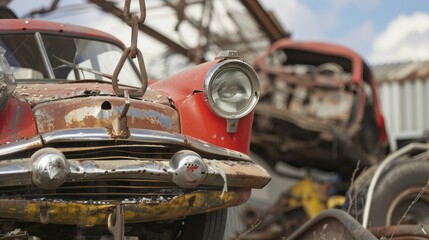 Red Vintage Car Being Towed for Recycling and Scrap in a Junkyard, Concept of Vehicle Recycling and Environmental Sustainability