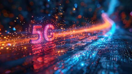 Colorful representation of 5G technology with vibrant lights and a digital network, depicting high-speed connectivity and future communication.