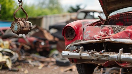 Red Vintage Car Being Towed for Recycling and Scrap in a Junkyard, Concept of Vehicle Recycling and Environmental Sustainability