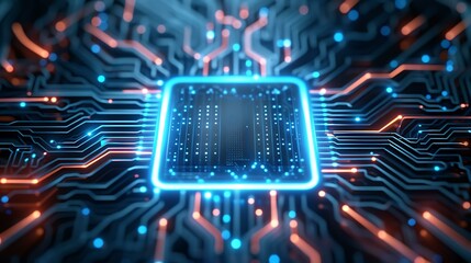 A close-up view of a highly detailed circuit board with glowing blue and orange pathways, showcasing intricate electronic components.