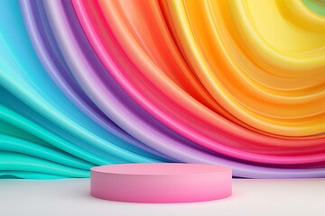 3D podium with vibrant gradient colors on a pink and blue background.