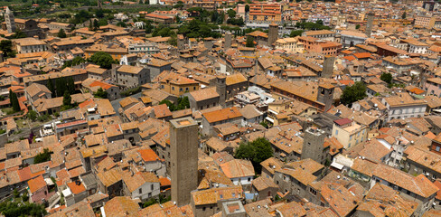 Aerial view of the historic center of the city of Viterbo, in Lazio, Italy. The old town and the...