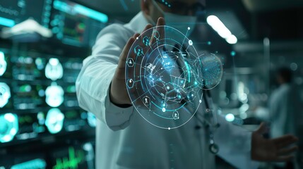 Fototapeta premium Doctor hand with stethoscope and Ui icon medical in hospital with medical technology network concept. Generative AI