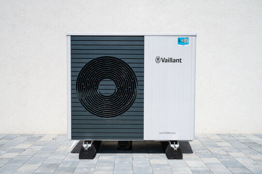 Gorzow Wlkp, Poland - 25.06.2024: Vaillant aroTHERM plus heat pump  installed on a new build house. Air-to-water monobloc heat pumps are to replace heating with oil and gas in the future