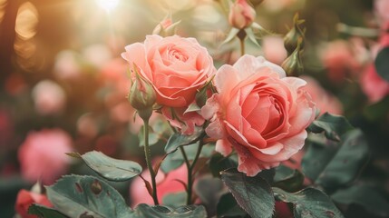 Fototapeta premium Blossoming pink roses in full bloom in a summer garden