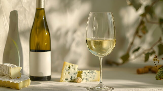 A bottle of white semi-sweet wine with a cheese appetizer, against a background of a gray textured wall, space for text. Stylish still life with a bottle of wine, glass, grapes, wine, still life, comp