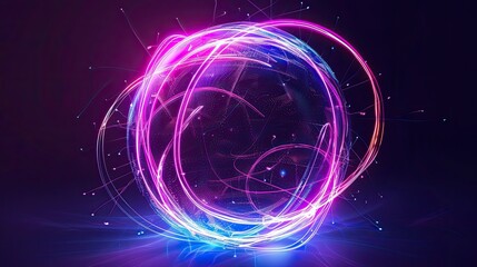 Obraz premium Abstract neon sphere of glowing on a dark background, circle and loop frames with magic purple and pink sparkle. Banner, Cover, Ads