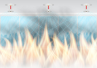 Fire Sprinkler Splashing on Fire in Building. Automatic Fire Extinguishing System. Vector Illustration. 