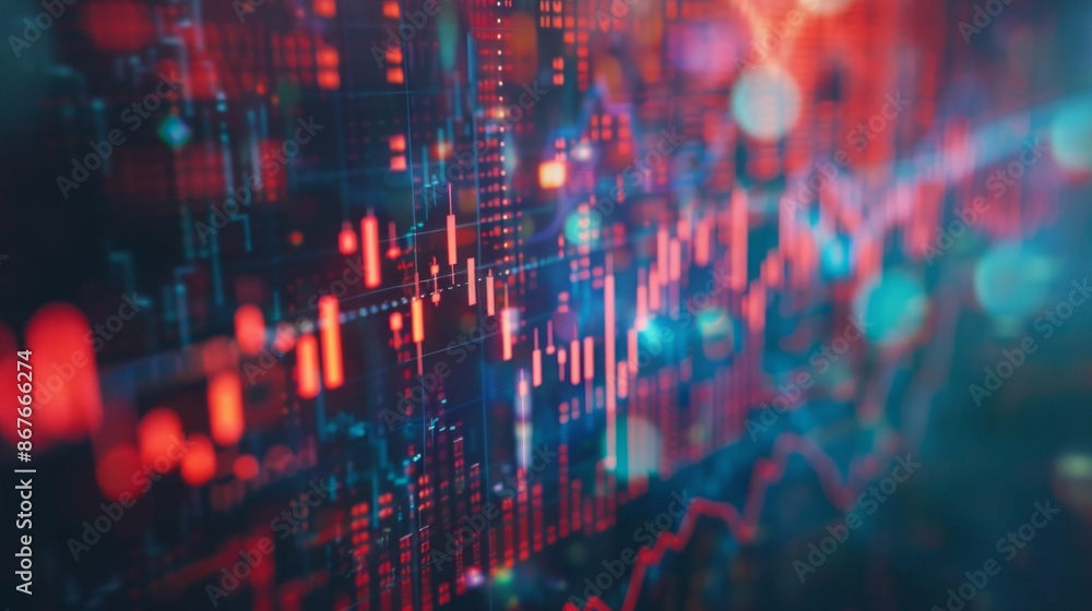 Aufkleber Close-up shot of a computer screen displaying colorful charts and graphs representing stock market data
