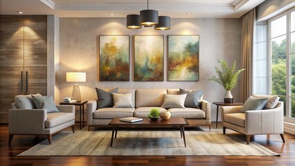 A serene living room features modern abstract paintings on cream walls, dark wood furniture, and a plush gray sofa amidst subtle natural light filtering in.