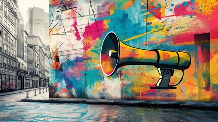 Colorful Street Art with Megaphone Mural in Urban Setting