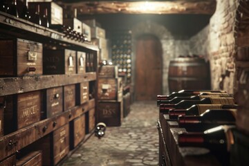 Naklejka premium Aged bottles staying at wine cellar