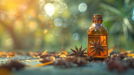 Selective focus on star anise oil bottle in nature